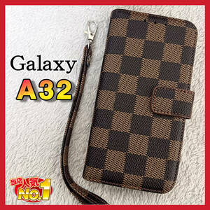 大人気　Samsung Galaxy A32ケース手帳型　茶色　チェック柄 PUレザー　高級感　 耐衝撃 サムスンギャラクシーA32カバー　ブラウン