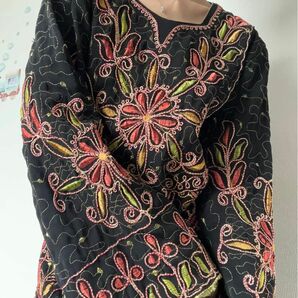 US VINTAGE 総刺繍　ビーズ　エスニック　ワンピース　スーパーマキシ丈