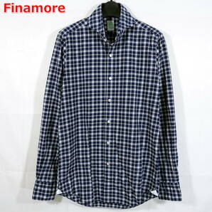 【良品】フィナモレ　紺白チェックホリゾンタルカラーシャツ　FINAMORE　サイズ３８（Ｓ相当）