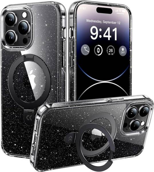 iPhone 14 Pro Max ケース クリア 米軍規格 隠しスタンド カバー ワイヤレス充電対応 アイフォン 14 Pro Max 用 ケース ブラック　S8