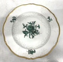 P160-W11-660 Meissen マイセン ワトーの花 ワトーグリーン 皿 プレート 飾り皿 花 グリーン系 金彩 洋食器 アンティーク 直径約25cm③_画像1