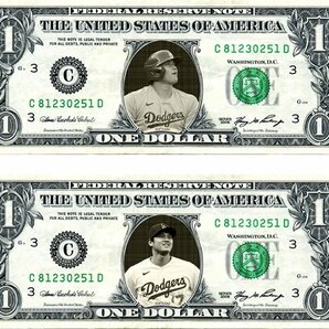 2枚セット MLB ロサンゼルス・ドジャース 【 大谷翔平 】プロ野球選手/本物米国公認1ドル札紙幣-1の画像1