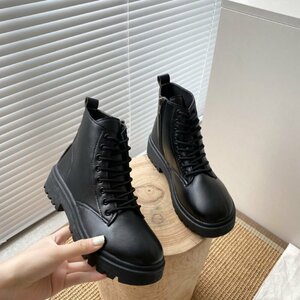 ☆ ブラック ☆ 37(23.5cm) ☆ ショートブーツ pmysboot001 ショートブーツ レディース ローヒール 編み上げブーツ ブーツ 履きやすい