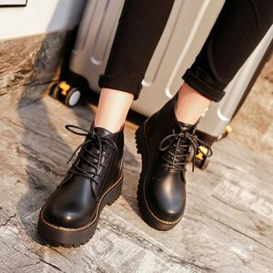 ☆ ブラック ☆ 37(23.5cm) ☆ ショートブーツ pmysboot005 ショートブーツ レディース ローヒール 編み上げブーツ ブーツ ショート