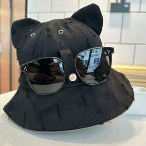 メガネホルダー付きサンハット　UVケア帽子　猫耳帽子　ネコミミ　ブラック