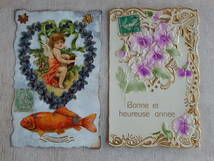 フランスアンティーク ポストカード 2枚　お祝い 花 紙もの ヴィンテージ フレンチ エンボス 天使 エンボス　リボン　ハート_画像1