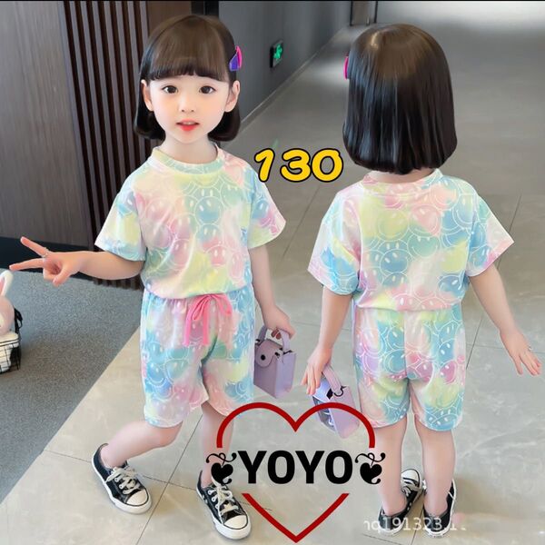 新品匿名配送 キッズセットアップ トップスとパンツ スマイル 柄