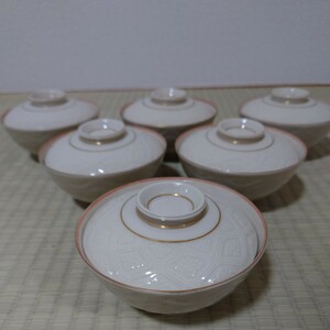 清水焼 松本石亭 平安 石亭造 白磁木朱風彫 睦美揃 蓋付茶碗 ６客 日本料理 