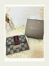 GUCCI グッチ 折り財布 GGシェリーラインキャンバス レザーネイビー　ホースビット_画像1