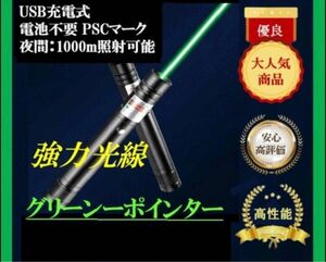 USB充電式　ストレートレーザーポインター★ グリーン　緑　電池不要　強力光線　未使用　ネコおもちゃ　現場指示　高評価！