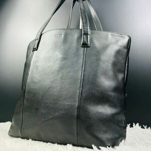 美品 大容量 TAKEO KIKUCHI タケオキクチ トートバッグ ビジネスバッグ メンズ ハンド ショルダー 肩がけ A4 PC レザー しぼ革 ブラック