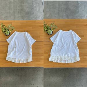 niko and ... ニコアンド バック裾レイヤードレースTシャツカットソー 半袖ワイドドルマン調コットントップス 綿100% ホワイト白色系 