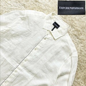 【2021年モデル★大きいサイズUS:L】美品 EMPORIO ARMANI 長袖リネンシャツ/白◆麻100%/左胸イーグル刺繍☆エンポリオアルマーニ (13)