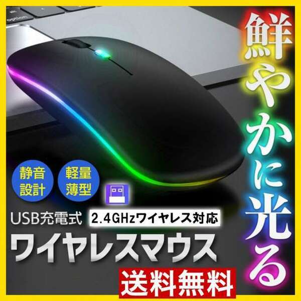 USB ワイヤレスマウス 充電式 静音 LEDレインボー PC マットブラック