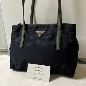 【美品】PRADA プラダ ハンドバッグ ショルダーバッグ ナイロン素材 レザー 三角プレート ネイビー カーキ カード付き 白タグあり