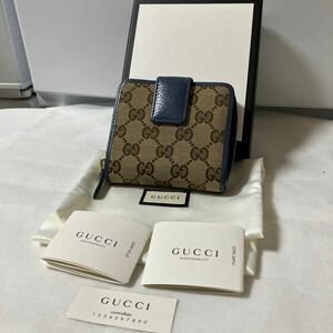 【美品】GUCCI グッチ 折り財布 ラウンドファスナー 小銭入れあり キャンパス地 GGシマ レザー シリアルあり 付属品付き