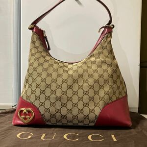 GUCCI グッチ ワンショルダーバッグ ハンドバッグ キャンバス地 GGシマ ハート インターロッキング レザー 赤 シリアルあり 保存袋付き