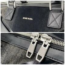 希少美品◆DIESEL ディーゼル 本革レザー × グラデ加工デニム ボストンバッグ 2wayショルダー Vデザインドラム 大容量ジム旅行 ブラック黒_画像5