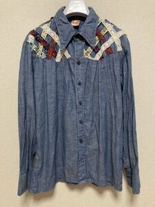 70's 80's USAヴィンテージ MALER MAN シャンブレーシャツ 長袖シャツ レース 刺繍テープ デザインシャツ XL