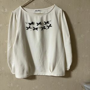 カットソー 長袖Tシャツ ホワイト ボーダー 長袖 リボン L ボーダー