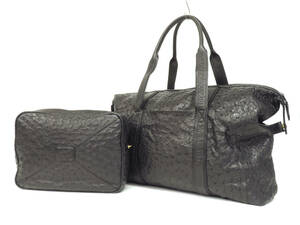 16612 美品 高級 オーストリッチ フルポイント レザー ボストンバッグ セカンドバッグ 鞄 2点セット 収納可 黒 メンズ レディース 男女兼用