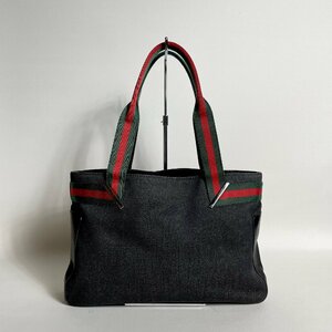 2404-104-2｜美品｜GUCCI グッチ シェリーライン トートバッグ キャンバス レザー ブラック デニム