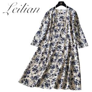 B15◆新品同様 レリアン Leilian 11 XL前後 ゆったり フレア ワンピース 身幅50cm 伸縮 ストレッチ 綺麗なシルエット 花 フラワー 春に最適