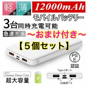 【J32】モバイルバッテリー　大容量　12000mAh 〈5個セット〉 〜新品・未開封〜