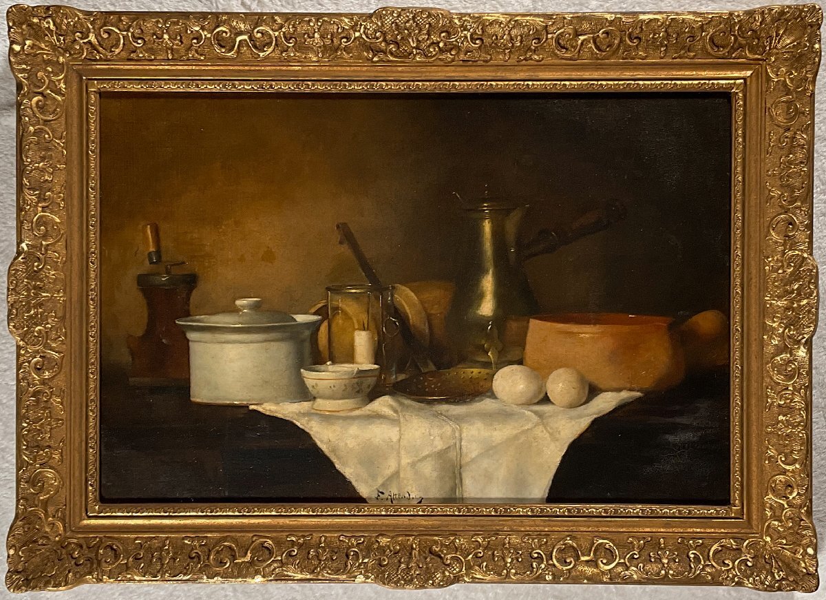 [19th century French painting] Attendu (Antoine-Ferdinand Attendu/1845-1908) ●Oil painting No. 20 still life ●Excellent expression of shadows in classical paintings ●Christie's featured artist, painting, oil painting, still life painting