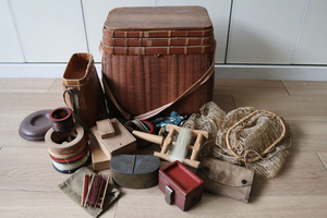 昭和 骨董 釣り具 魚籠 籠ビク 餌箱 道具箱 浮き 渓流 和竿