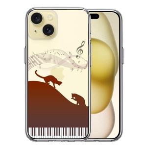 iPhone15 ケース クリア ピアノ シルエット猫 ブラウン スマホケース 側面ソフト 背面ハード ハイブリッド