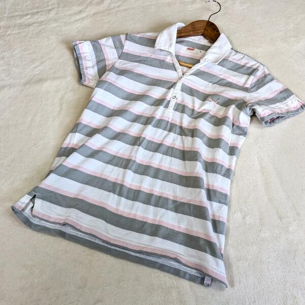【プーマ】ゴルフシャツ　半袖　ポロシャツ　白　L　ボーダー　ワンポイント刺繍　綿 コットン100％