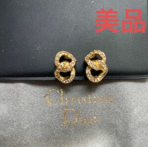 ChristianDior クリスチャンディオール　ラインストーン付きリボンモチーフイヤリング　ゴールドカラー　ビンテージ　美品