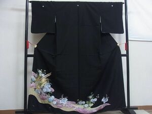  all. kimono shop san * kurotomesode embroidery . wave tail length flower writing gold thread ... kimono polyester *152