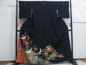  all. kimono shop san * kurotomesode .. crane pine writing gold paint ... kimono polyester *162