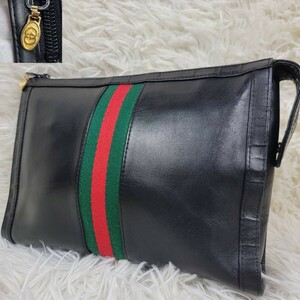 1スタ!! 入手困難 OLDGUCCI オールドグッチ セカンドバッグ クラッチ ハンド インターロッキング シェリーライン レザー ブラック メンズ