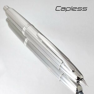 ◆●ノック式万年筆【PILOT/パイロット】Capless /キャップレス ストライプ 18金 F 細字 ロジウム仕上げ シャッター機構 新品未使用/K306F