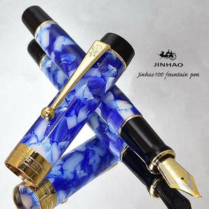 ◆●美工筆万年筆【JINHAO/金豪】100 ブルーモザイクGT アクリル軸 太軸 両用式 滑らかな書き味 大型ニブ デコペン 新品 1円～ /JH30美工の画像2