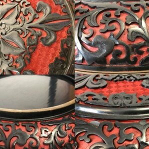 雕漆 CARVED LACQUER WARE 堆朱 中国 唐物堆朱 花唐草紋彫 菓子器 時代物 中国漆器 堆黒 黒 伝統工芸品 口径約24㎝ ■ 由256の画像4