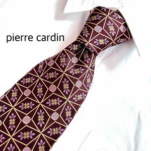 美品 pierre cardin ピエールカルダン シルク 絹 ネクタイ 小紋柄 花柄 ビジネス カジュアル フォーマル ワインレッド ブランドネクタイ