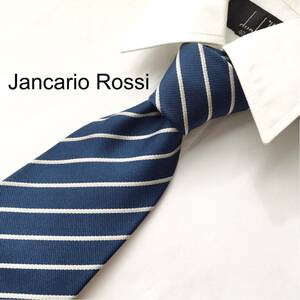 美品 Jancarlo Rossi ジャンカロロッシ シルク ネクタイ 絹 100% レジメンタルタイ ネイビー ホワイト 日本製 ビジネス フォーマル