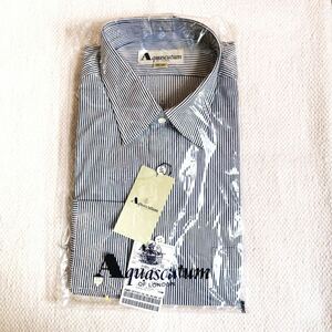 未使用 アクアスキュータム Aquascutum OF LONDON Lサイズ メンズ ワイシャツ 長袖シャツ 青 白 ストライプ柄 40-84 綿 100% 日本製