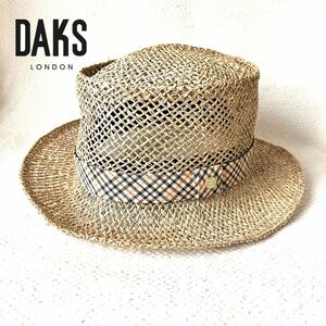 ダックス DAKS 天然草 ハット 帽子 麦わら帽子 ストローハット 56.5cm ベージュ チェック柄 日本製 レディース メンズ