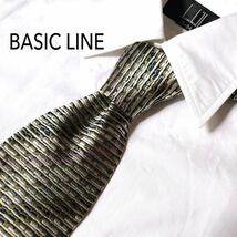 BASIC LINE シルク 絹 100% ネクタイ シルクネクタイ 日本製 高品質 ビジネス カジュアル フォーマル グリーン系 ボーダー ストライプ柄_画像1