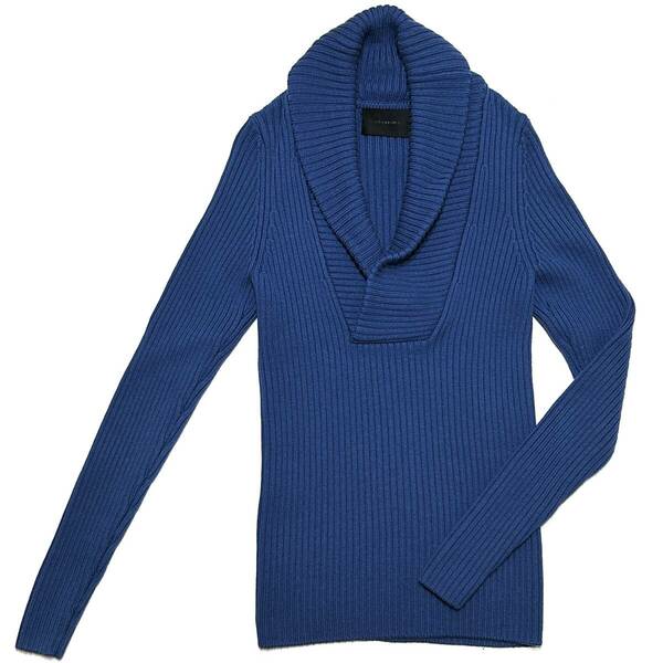 定価4.2万 junhashimoto TALY YARN SHAWL COLLAR PULLOVER KNIT 3 ブルー ジュンハシモト リブウールショールカラーニット akm wjk 1piu