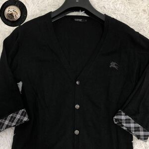 希少2(M) バーバリーブラックレーベル ホース刺繍×ノバチェック リネン混　7部袖 カーディガンBURBERRY BLACK LABEL 銀ボタン