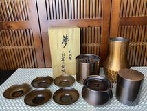 gfy★銅製 茶器 9点 まとめて セット 茶托 茶こぼし 建水 茶筒 茶入 花入れ 花器 純銅 煎茶道具 金属工芸 茶道具 約1.7㎏ 現状品★_画像1