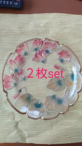 大皿セット　硝子　飾り皿　フルーツ皿　プレート　花柄色絵　アンティーク