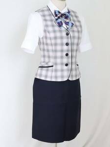 11号 SELERY ピンク チェック 事務 中古◆OL制服 / 事務服◆ ベスト, スカート（お任せ） 上下セット, 中古ブラウス, 新品リボンのオマケ付