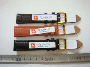☆114☆甲丸レギュラータイプ 18mmクロコ柄型押SWISS金色尾錠 黒、茶、赤茶の3本セットです。